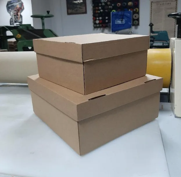 Two brown corrugated cardboard boxes with lids in the workshop